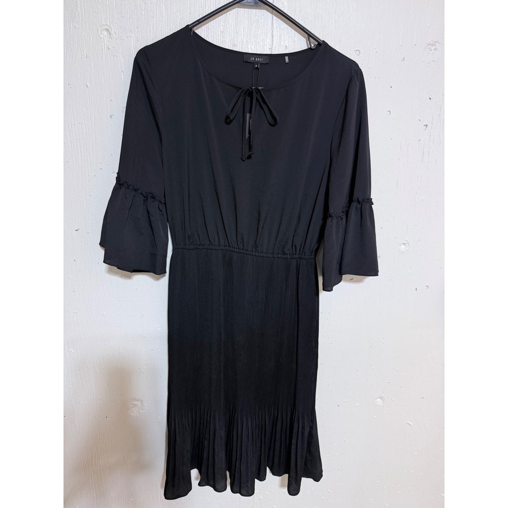 Le Gali Pleated Mini Dress Womens M Black Poly Bell Sleeve Boho Chic Classic NWT